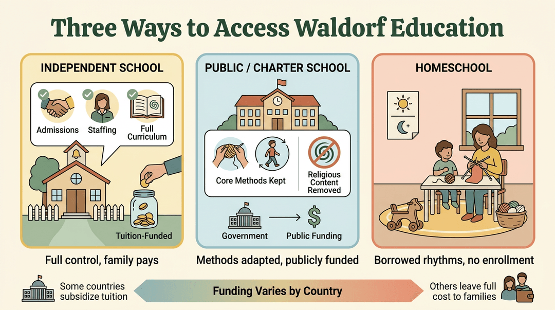 Three cards compare Waldorf education options: independent schools, public charters, and homeschooling, highlighting funding and curriculum differences.