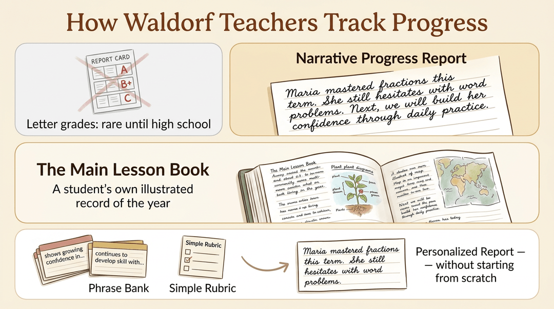 Infographic showing Waldorf progress tracking via narrative reports, main lesson books, and phrase banks instead of letter grades.