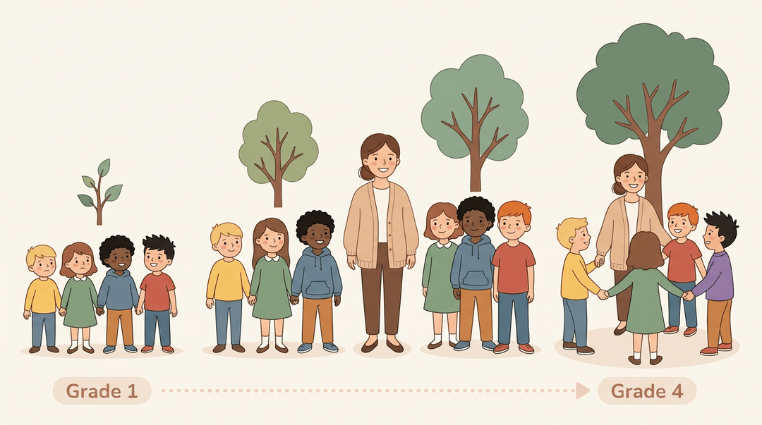 A teacher stands with five children shown growing from Grade 1 to 4, ending in a cooperative circle holding hands.