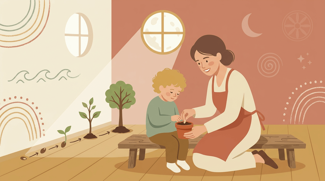 A teacher kneels with a child planting a seed, while a growth chart shows it becoming a tree, set in a warm classroom with subtle mystical symbols.