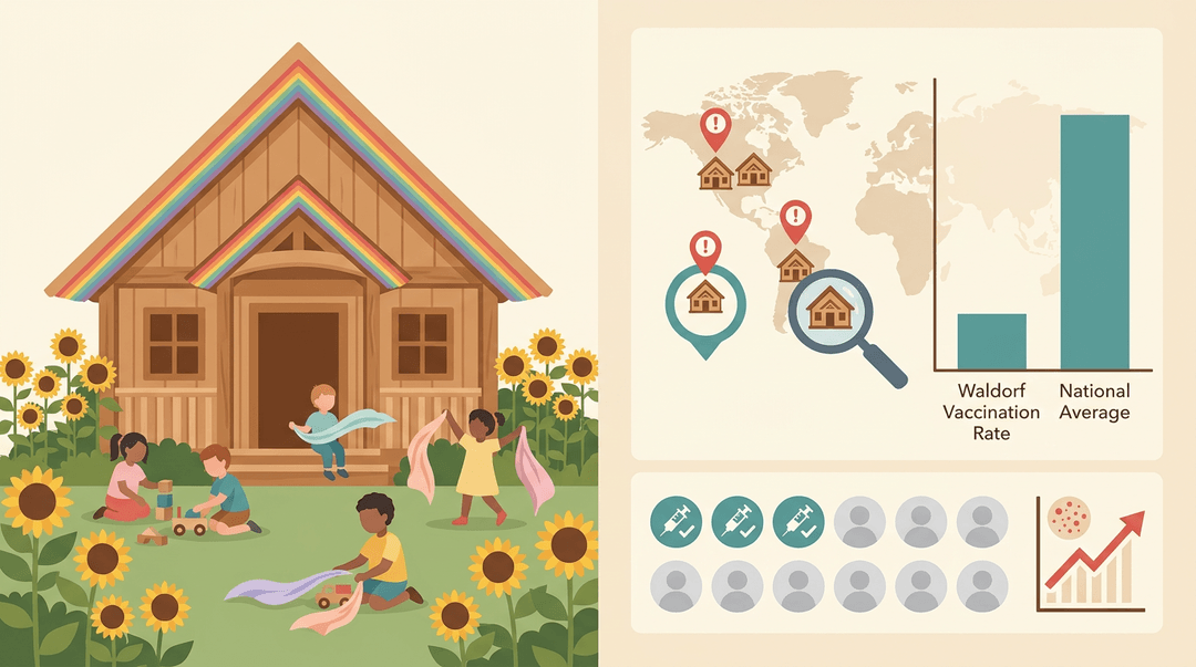 A Waldorf schoolhouse sits beside a chart showing low vaccination rates and rising measles risk markers.