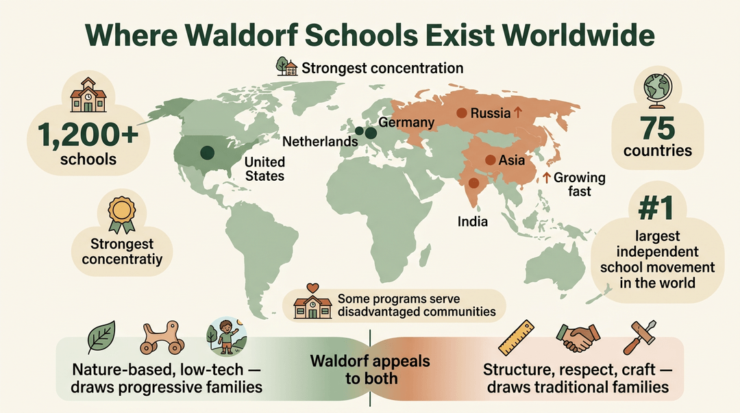 Infographic showing Waldorf schools are in 75 countries, growing fast in Asia and Russia, with strong presence in Germany, US, and Netherlands.