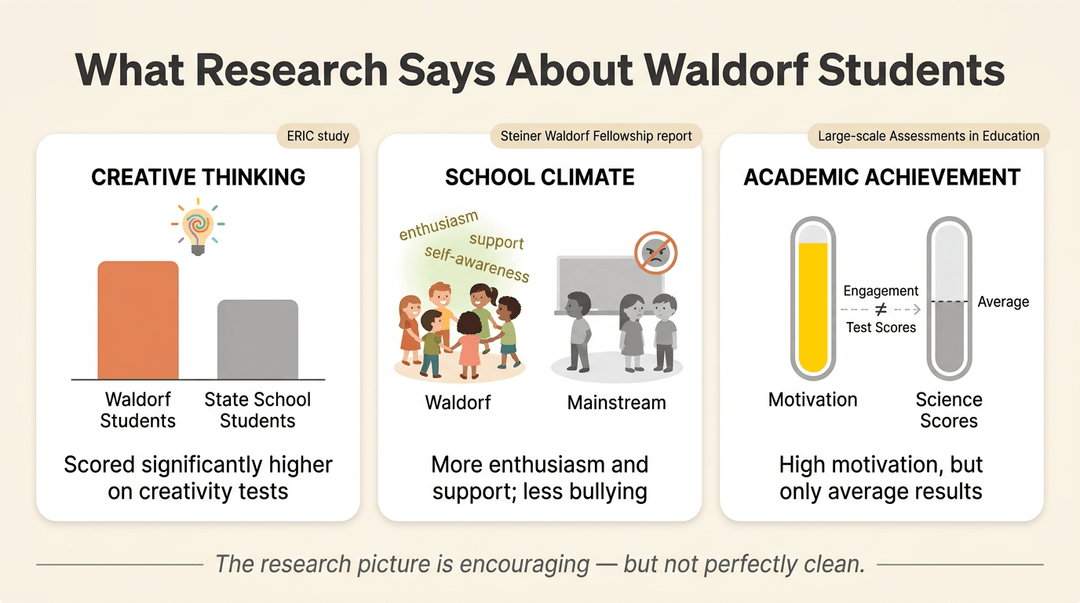 Infographic comparing Waldorf students to state school peers in creative thinking, school climate, and academic achievement.