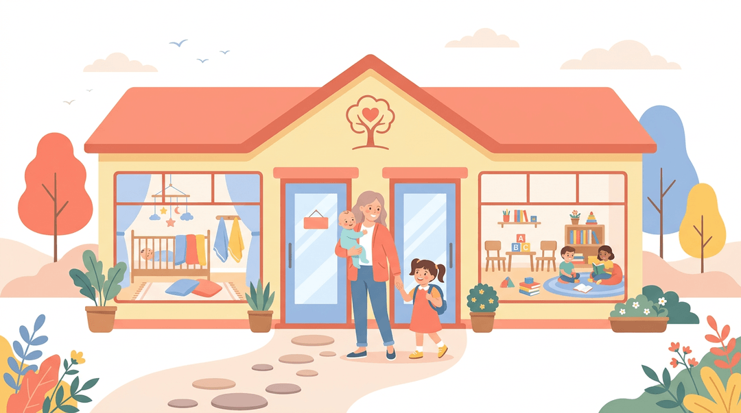 A parent drops off a baby and older child at a unified childcare center, with pathways symbolizing growth from nursery to kindergarten.