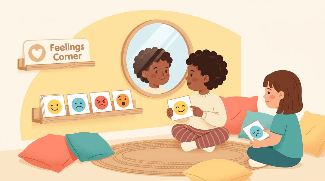 Two children practice identifying emotions using picture cards in a cozy kindergarten feelings corner with soft colors and round rugs.