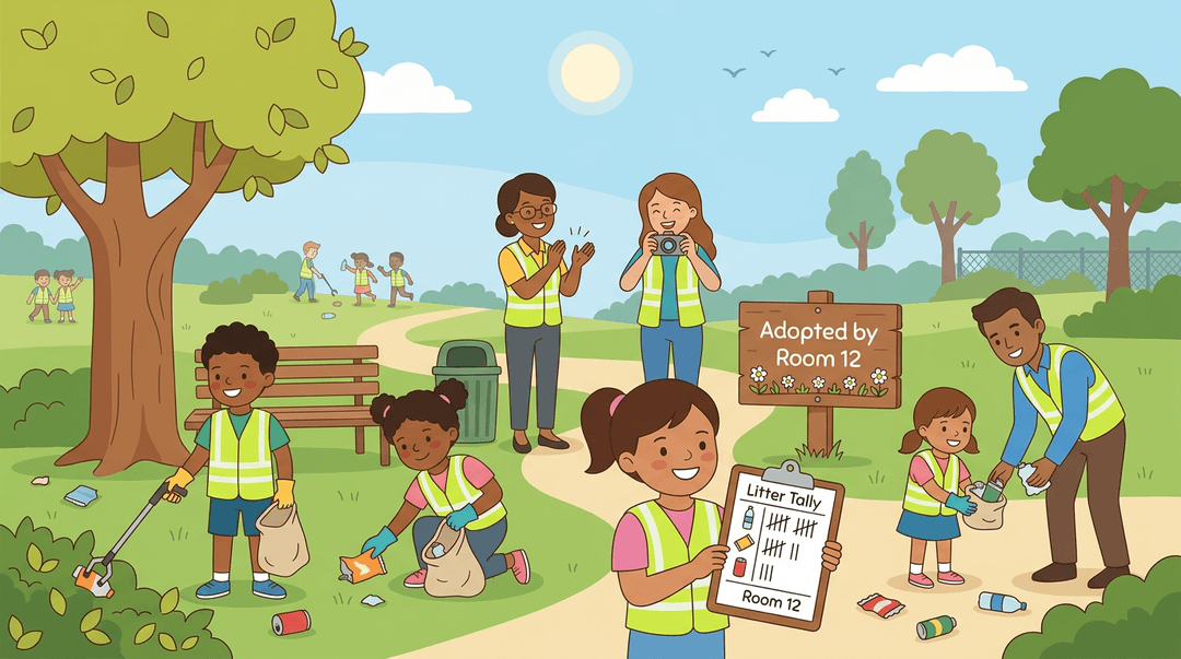 Diverse students and parents in volunteer vests clean a park, counting litter with a clipboard while a teacher claps nearby.