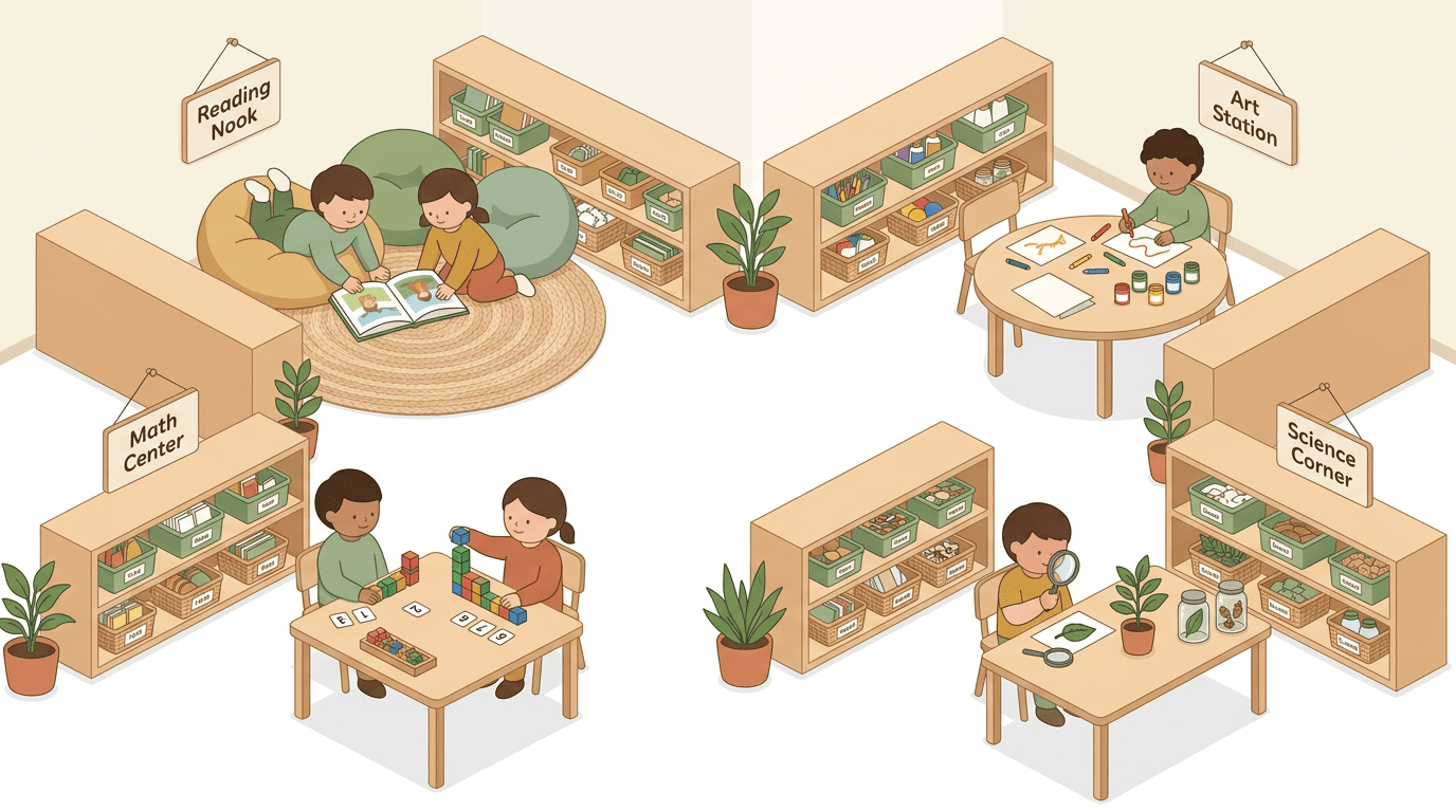 Overhead view of a classroom with four labeled learning zones: reading, art, math, and science.
