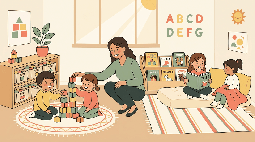 A teacher watches two kindergarteners play with blocks and read in a cozy classroom corner.