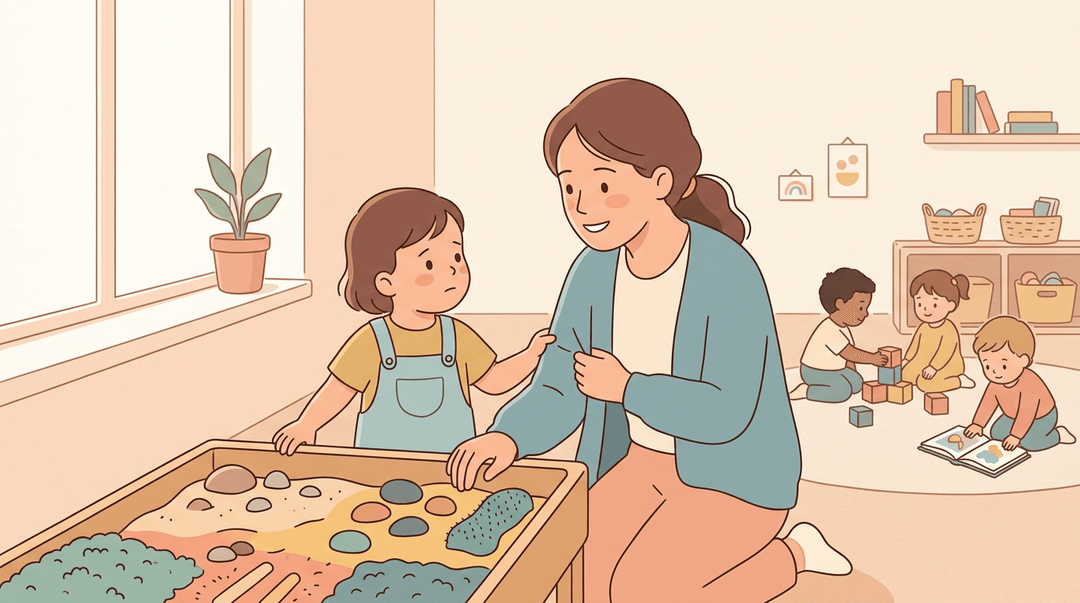 A caregiver kneels beside a shy toddler at a sensory table in a warm, nurturing daycare room.
