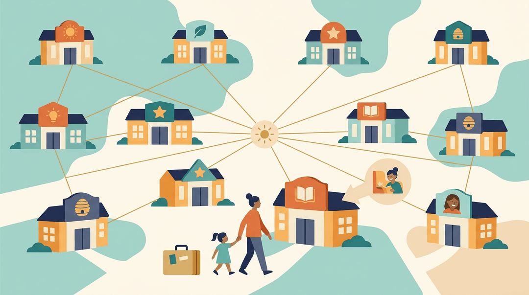Parents move to a school in a networked community where different facades offer the same trusted, warm educational experience.