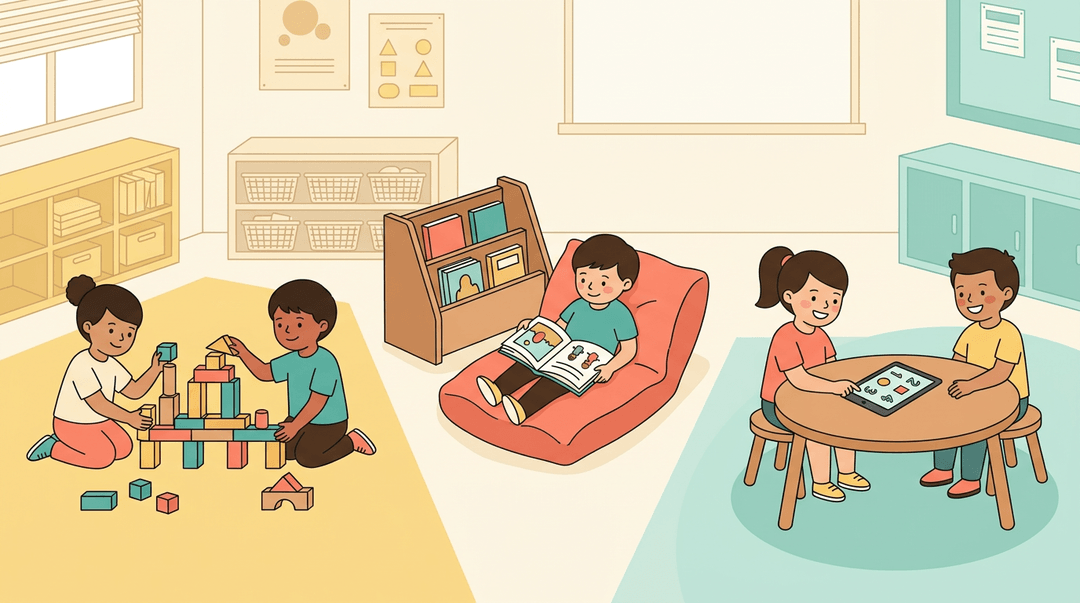 Three children engage in independent play: building blocks, reading, and using a tablet in distinct classroom zones.
