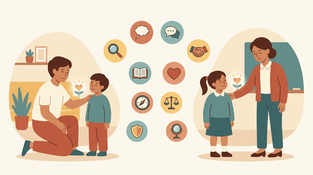 Two scenes, parent with child and teacher with student, sharing values, flanked by ten circular icons representing learner traits.