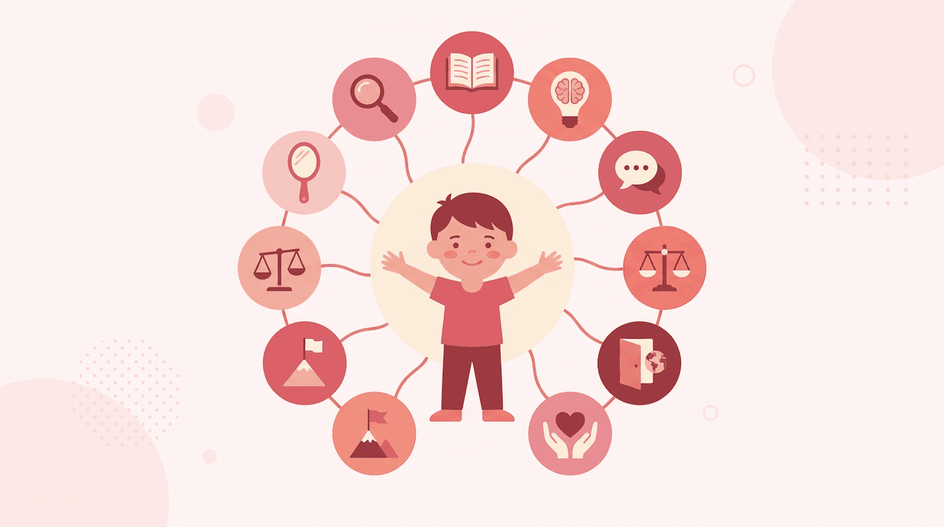 A child with open arms is surrounded by ten circular icons, each representing a learning attribute, connected by lines.