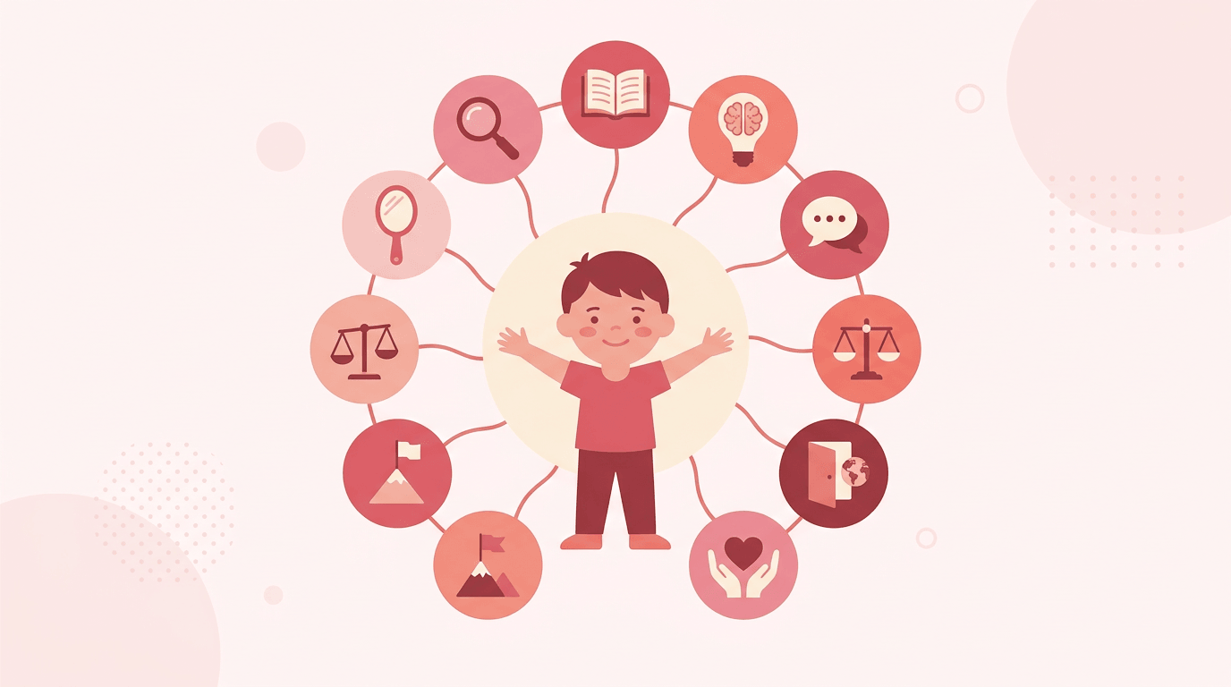 A child with open arms is surrounded by ten circular icons, each representing a learning attribute, connected by lines.