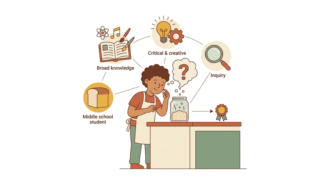 A middle school student examines rising bread dough with question mark steam, surrounded by icons of knowledge, thinking, and inquiry.