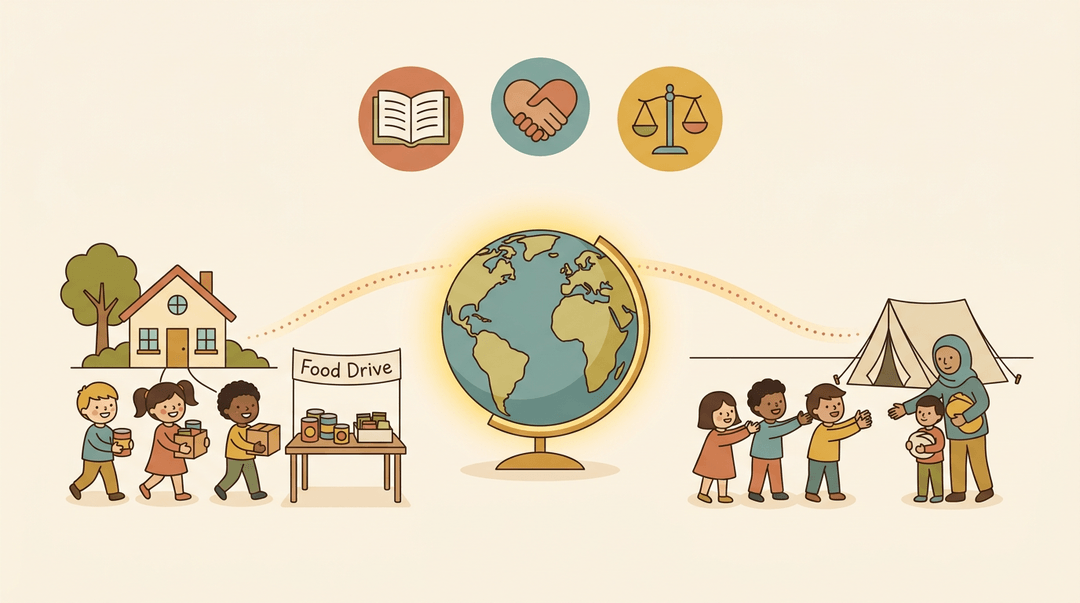 Children donate to a food drive and welcome a refugee family, connected by a glowing globe and a path of light.