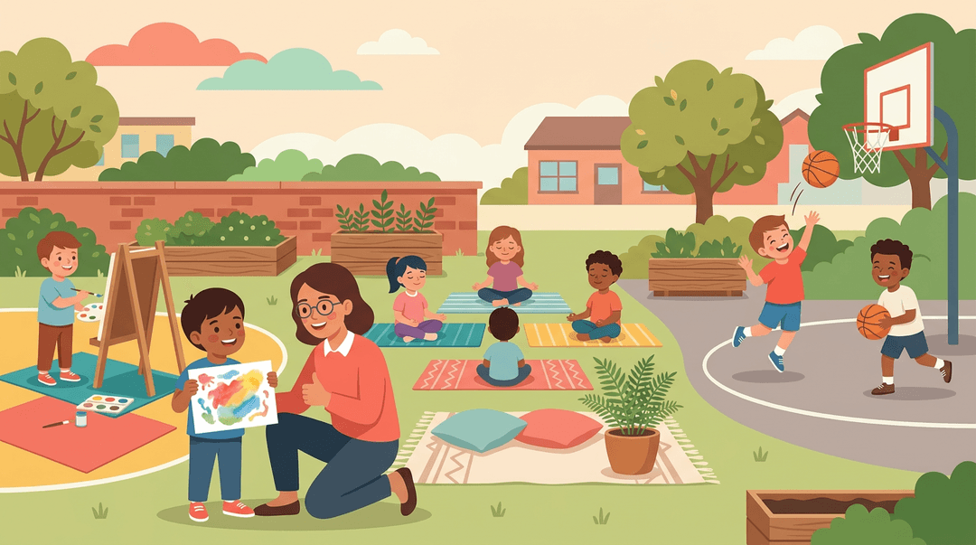 Kids engage in art, mindfulness, and basketball with a supportive teacher in a sunny schoolyard.