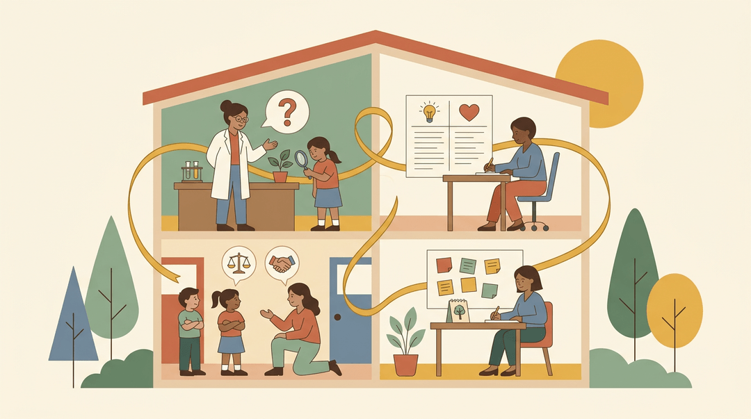 A cutaway view of a two-story school shows four scenes with teachers and students connected by a golden ribbon.