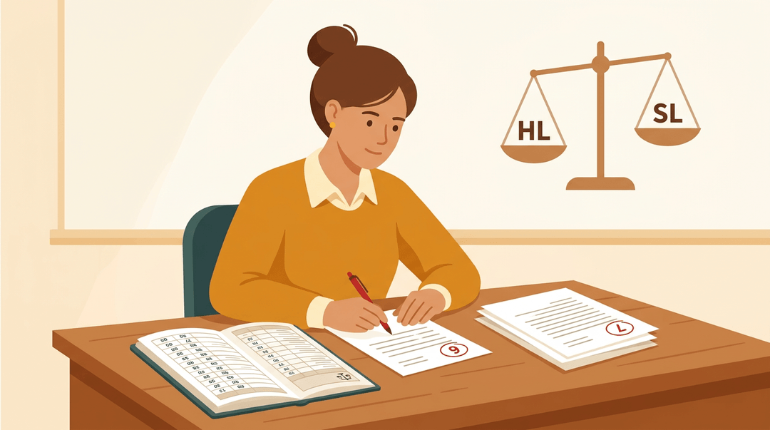 A teacher at a desk meticulously grades papers with a red pen; a gradebook and a weighted scale graphic appear in the background.