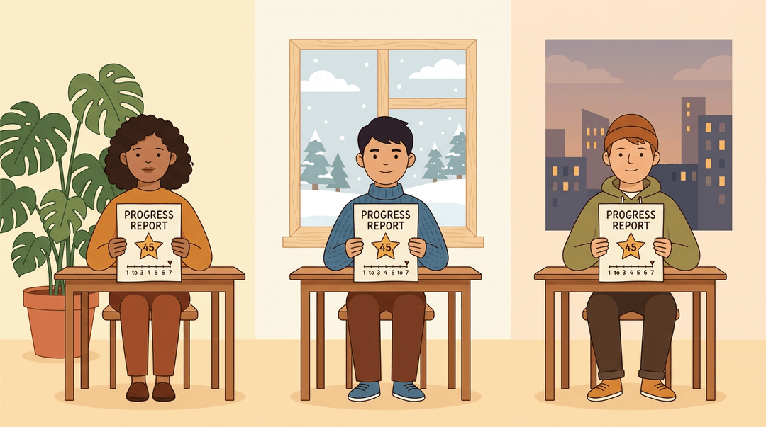 Three students from diverse backgrounds sit at desks, each holding up a report card with a '1 to 7' scale.