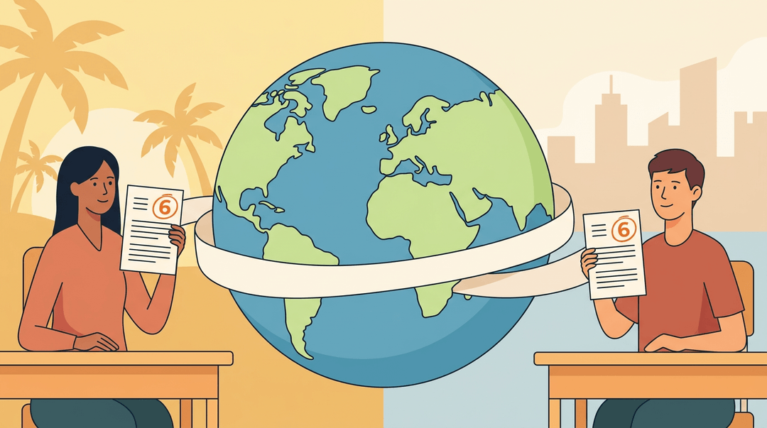 Two students, on opposite sides of a globe with a banner, hold up papers showing a circled number six.