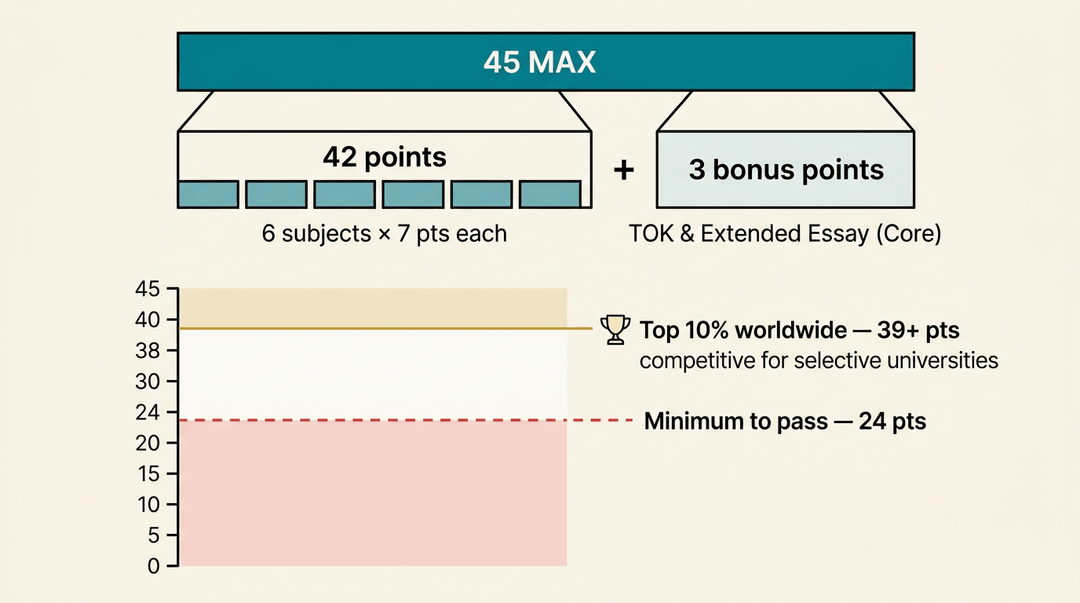 Diagram showing how the IB Diploma's 45-point score builds from six subjects and core components, with passing/high-achieving thresholds.