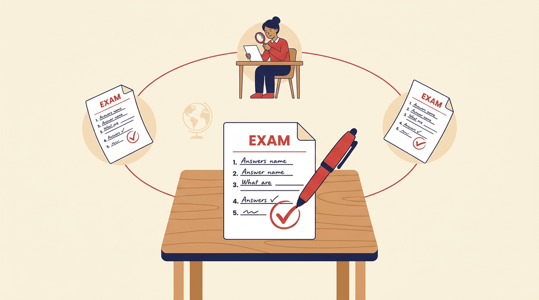 An examiner marks a student's exam paper, with other papers and a globe in the background, suggesting global grading.