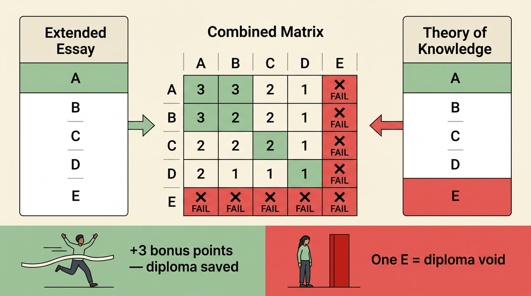 A diagram shows how Extended Essay and Theory of Knowledge grades combine to award bonus points, with a fail if either grade is an E.
