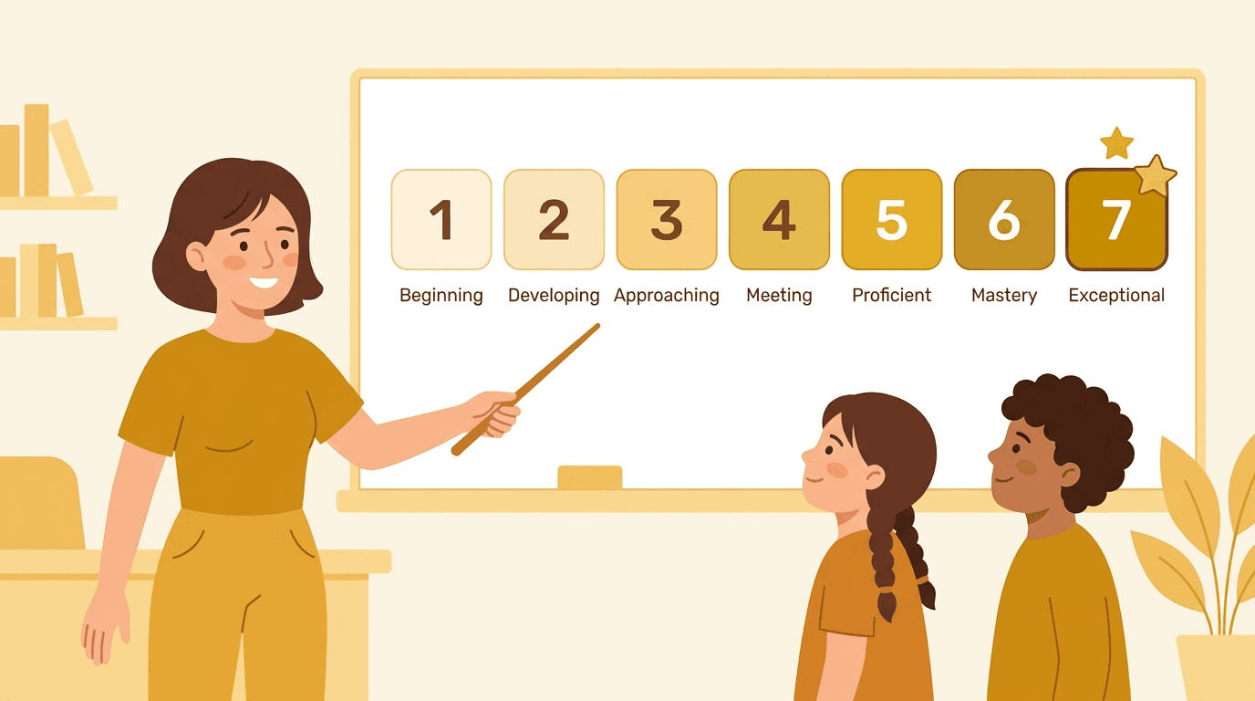 A teacher points to a rubric with scores 1-7 as two students attentively watch.