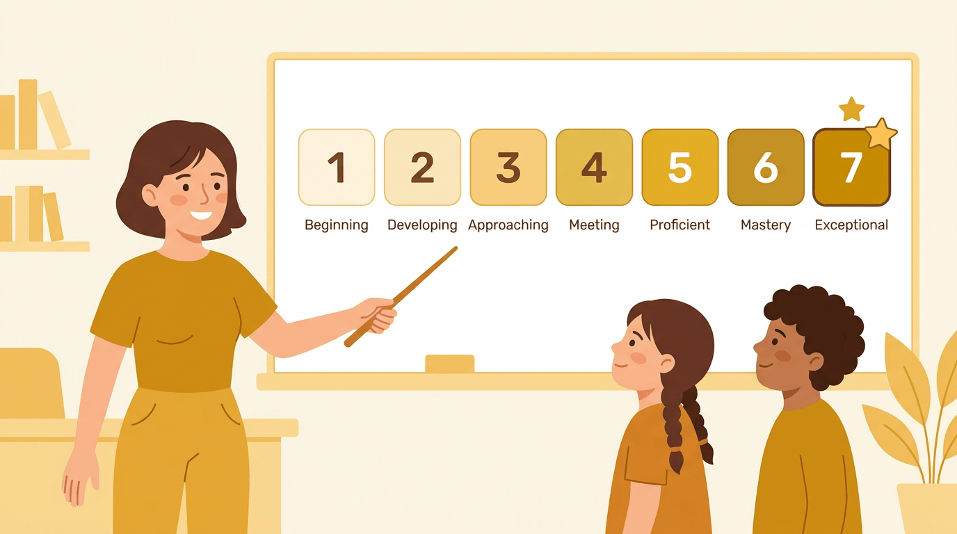 A teacher points to a rubric with scores 1-7 as two students attentively watch.
