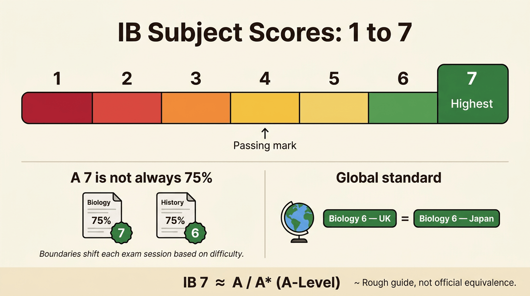 An infographic explains IB subject scores from 1 to 7, including passing marks, global standards, and A-Level equivalents.