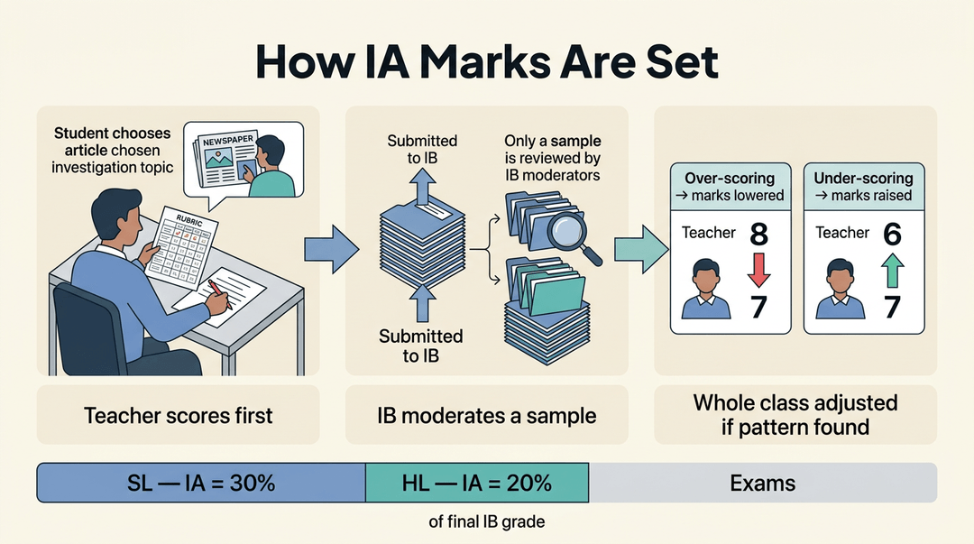 An infographic shows the three-stage IB Economics Internal Assessment scoring process, from teacher grading to IB moderation and final mark adjustment, plus IA's contribution to final grades.