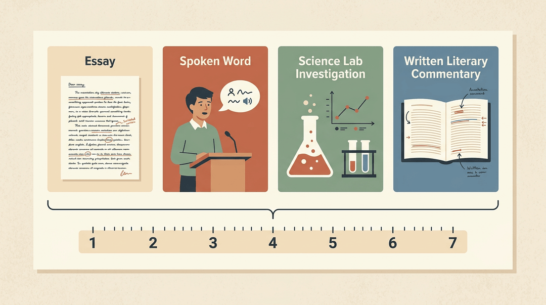 Four panels display different IB assessment formats, unified by a 1-7 scoring scale below them.