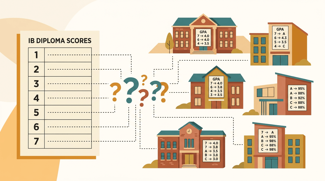 An IB score sheet with a 1-7 scale links to various school buildings, each showing conflicting GPA conversions.