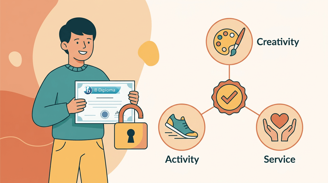 A confident student holds an IB diploma, with icons for creativity, activity, and service connected to a central badge. A transparent padlock over the diploma suggests these complete it.