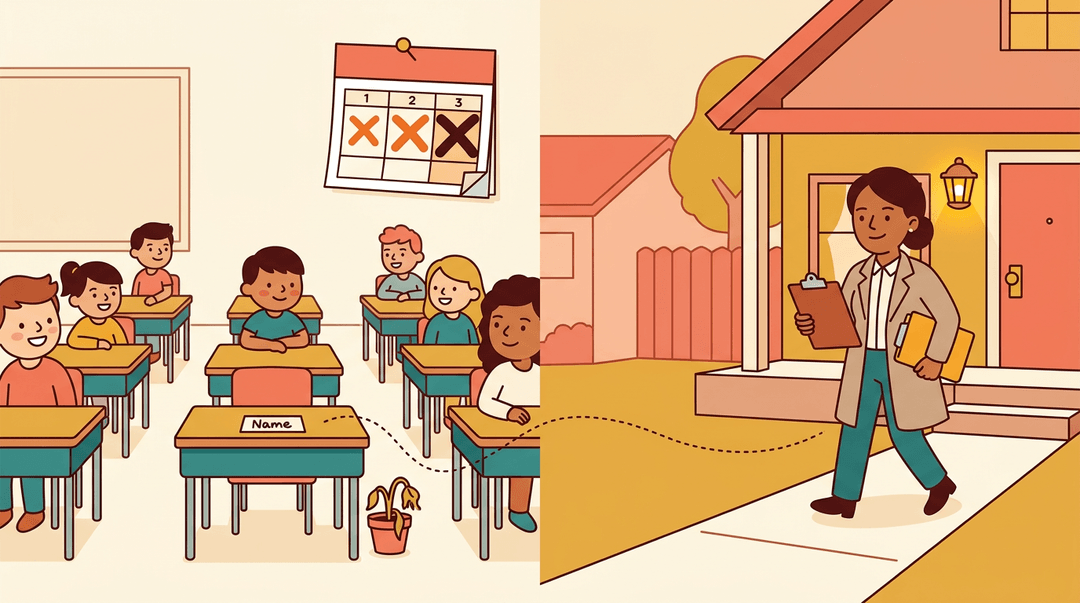 A split illustration shows an empty classroom desk connected by a dotted line to an officer visiting a home, symbolizing truancy follow-up.