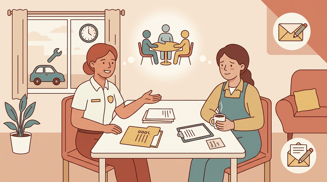 A truancy officer and parent collaborate at a kitchen table, surrounded by icons of teamwork and scheduling.