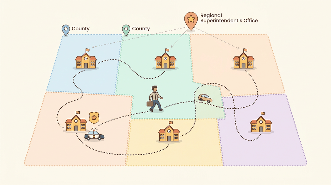 A map shows a truancy officer traveling between schools across counties, collaborating with police and reporting to a superintendent.