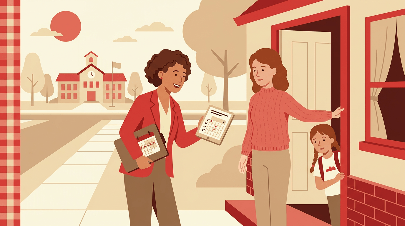 A friendly truancy officer in a red blazer smiles at a student and parent at the door, holding an attendance tablet.