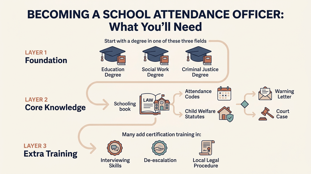 Flowchart showing steps to become a school attendance officer, including required degrees, legal knowledge, and optional training.