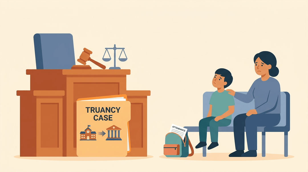 A worried parent and child sit before a judge's bench with a truancy folder, symbolizing a school attendance legal proceeding.