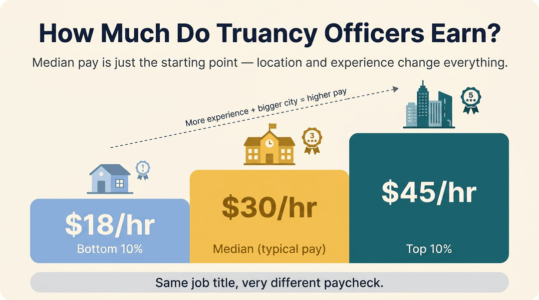 Infographic showing truancy officer pay rises from $18 to $45/hr with experience and location.