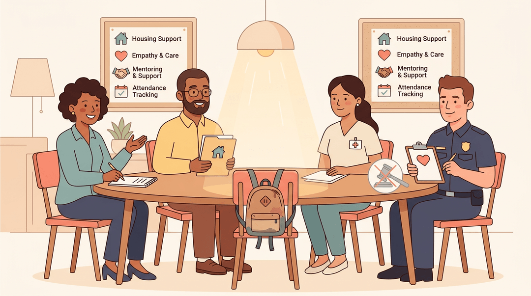 Four professionals collaborate around a table with an empty student chair, symbolizing supportive attendance tracking.