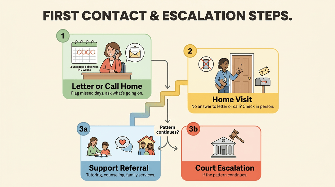 A chart shows three steps for addressing absences: contacting home, visiting the house, and referring to support or court.