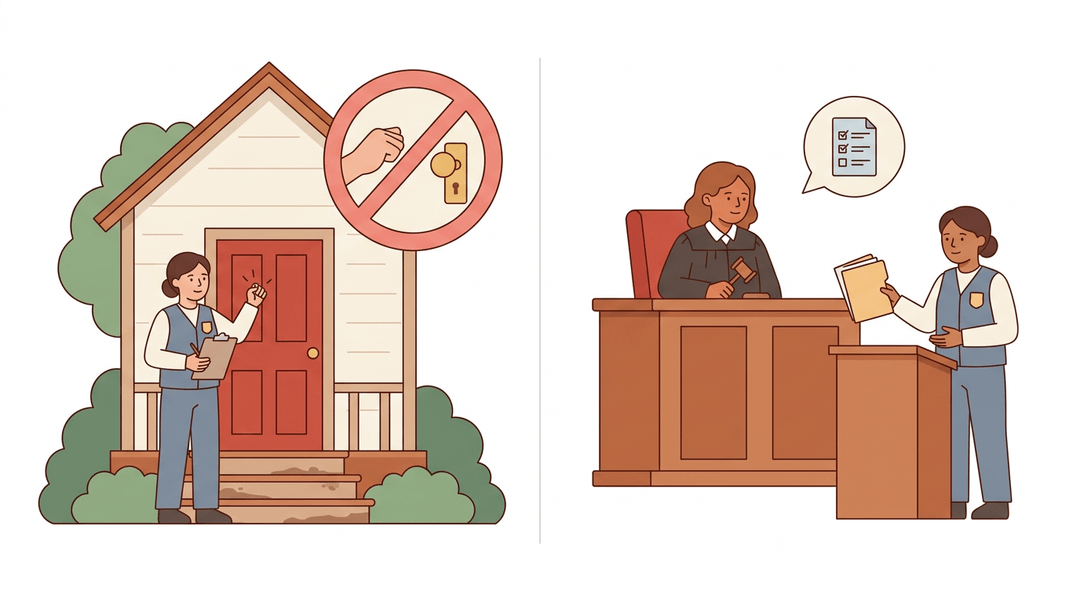 Flat illustration shows a truancy officer respecting privacy and presenting papers to a judge, symbolizing advisory roles over forced entry.