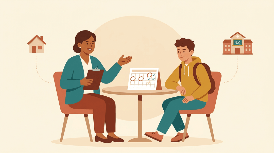 A liaison and student sit at a table with a calendar, symbolizing partnership between home and school.