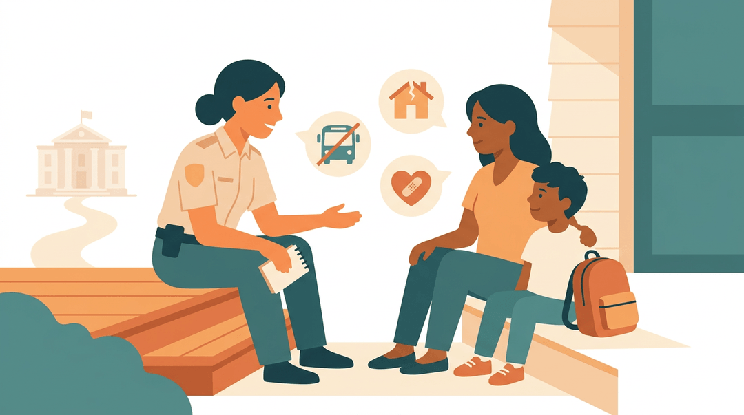 A truancy officer sits with a parent and child on a porch, discussing barriers like transport and health.