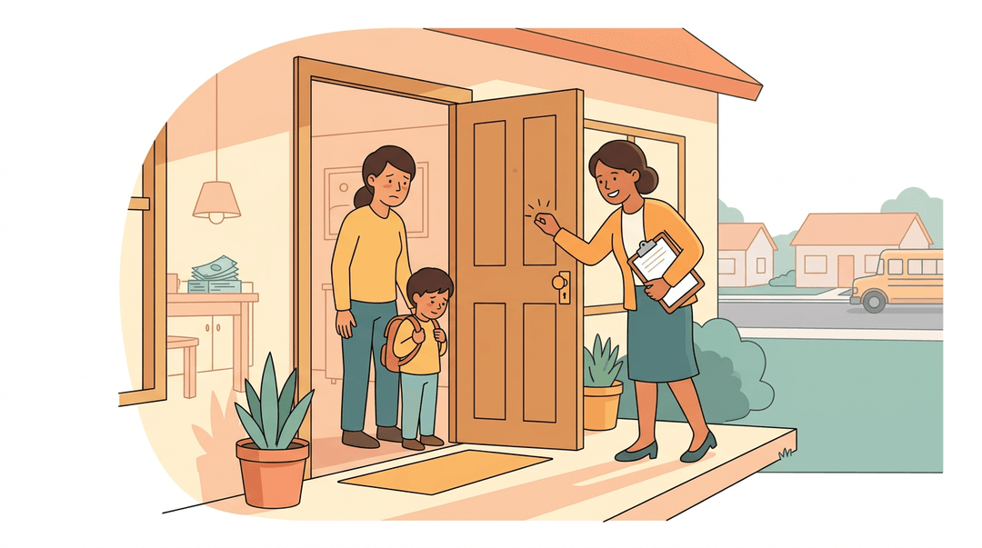 A teacher knocks on a door while a parent and child greet them, symbolizing home-school connection.