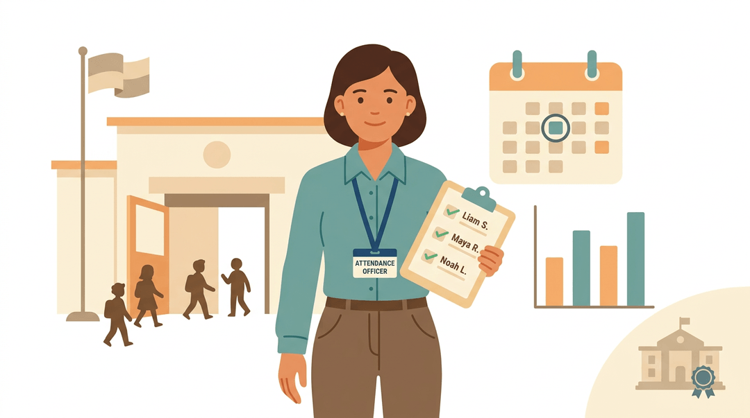 Friendly attendance officer checks a clipboard at the school entrance, surrounded by icons representing student tracking and official duties.