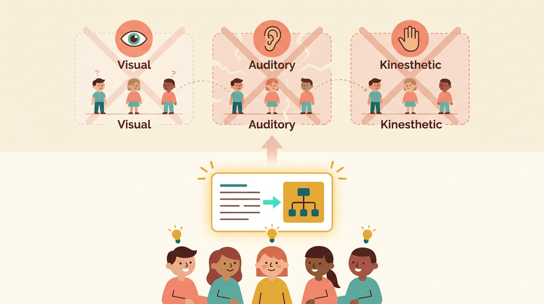 Contrast debunked learning styles myths with dual coding reality, showing diverse students benefiting equally from combined text and visuals.